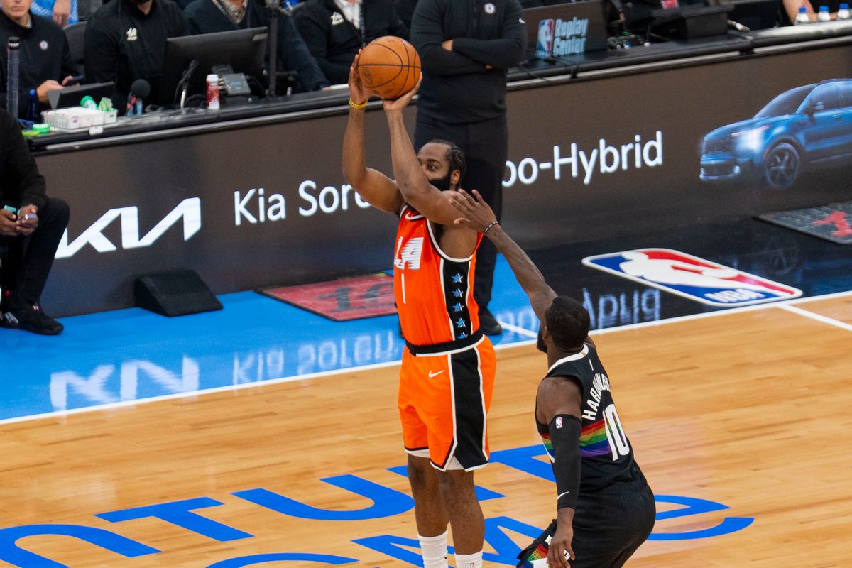 Los Angeles Clippers guard James Harden (1) takes a three during an NBA basketball game against the Denver Nuggets, Tuesday November 12th, 2025 in Los Angeles, California.