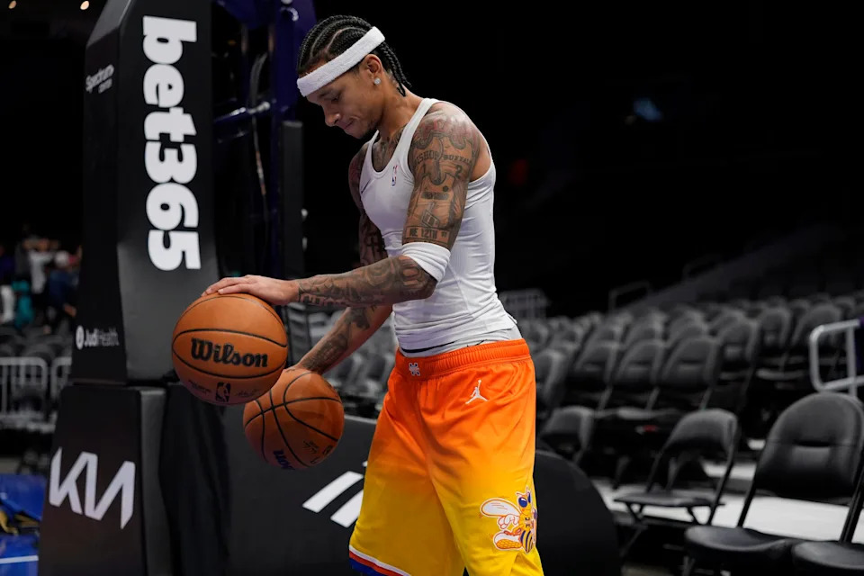 Nov 15, 2025; Charlotte, North Carolina, USA; Charlotte Hornets guard Tre Mann (23) dribbles during pregame warm ups against the Oklahoma City Thunder at Spectrum Center. Mandatory Credit: Jim Dedmon-Imagn Images