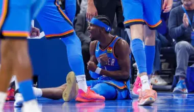 Oklahoma City Thunder guard Shai Gilgeous-Alexander shouting and celebrating after a basket during the 122-95 win over the Portland Trail Blazers at Paycom Center on Nov 23, 2025.