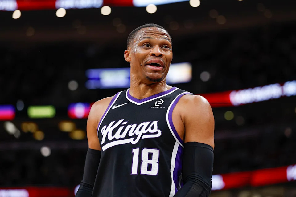 Sacramento Kings guard Russell Westbrook reacts during an NBA game.Kamil Krzaczynski-Imagn Images