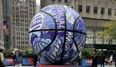 Utah Jazz 30 Rock Basketball on display at 30 Rockefeller Center in New York...