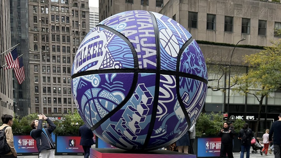 Utah Jazz 30 Rock Basketball on display at 30 Rockefeller Center in New York...