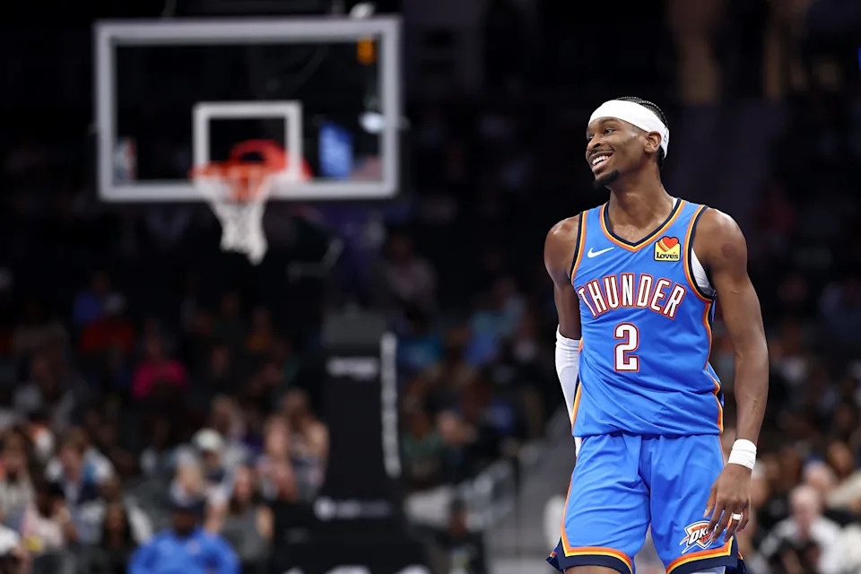 CHARLOTTE, NORTH CAROLINA - NOVEMBER 15: Shai Gilgeous-Alexander #2 of the Oklahoma City Thunder reacts during the first quarter of the game against the Charlotte Hornets at Spectrum Center on November 15, 2025 in Charlotte, North Carolina. NOTE TO USER: User expressly acknowledges and agrees that, by downloading and or using this photograph, User is consenting to the terms and conditions of the Getty Images License Agreement. (Photo by Jared C. Tilton/Getty Images)