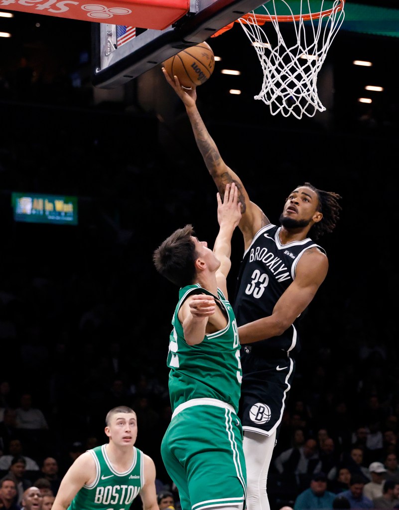 Nic Claxton goes up for a shot in the first half at the Barclays Center in Brooklyn, New York, November 18, 2025. 