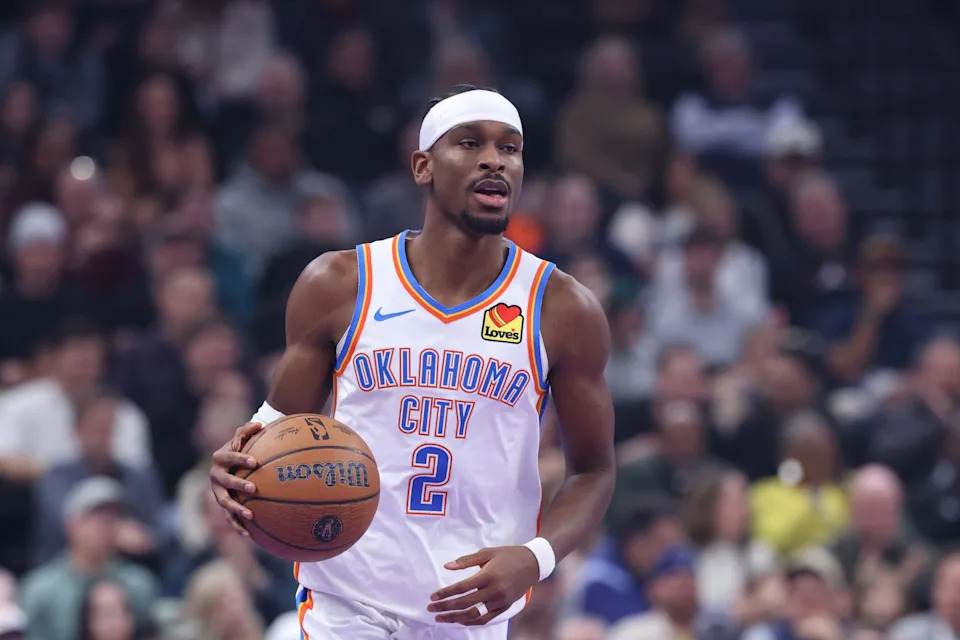 Nov 21, 2025; Salt Lake City, Utah, USA; Oklahoma City Thunder guard Shai Gilgeous-Alexander (2) brings the ball up the court against the Utah Jazz during the first half at Delta Center. Mandatory Credit: Rob Gray-Imagn Images