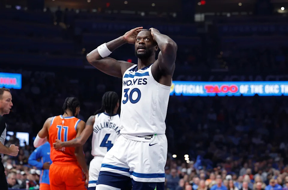 Nov 26, 2025; Oklahoma City, Oklahoma, USA; Minnesota Timberwolves forward Julius Randle (30) reacts after a call against him after a play against the Oklahoma City Thunder during the second quarter at Paycom Center. Mandatory Credit: Alonzo Adams-Imagn Images