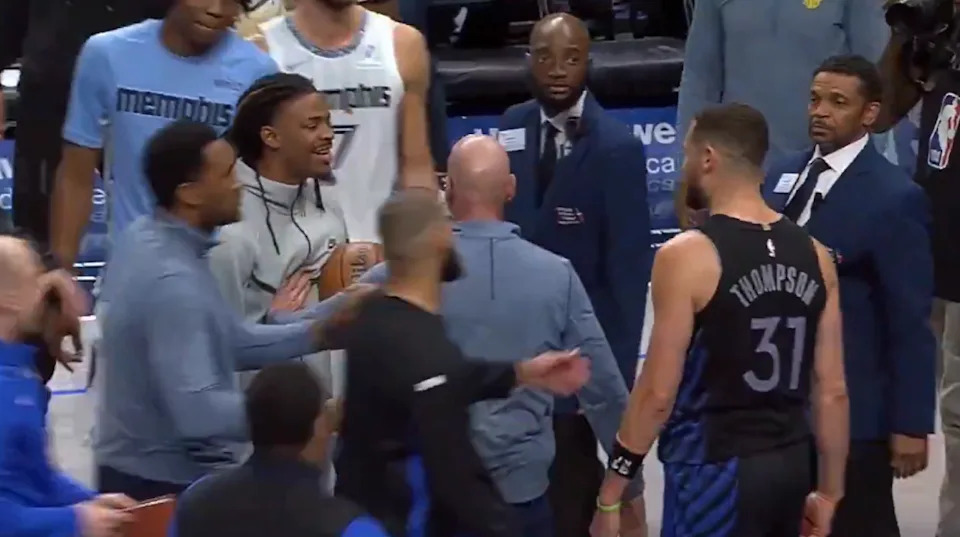 Klay Thompson and Ja Morant had to be separated following a heated postgame exchange on Saturday night. X / @@bballforpeople