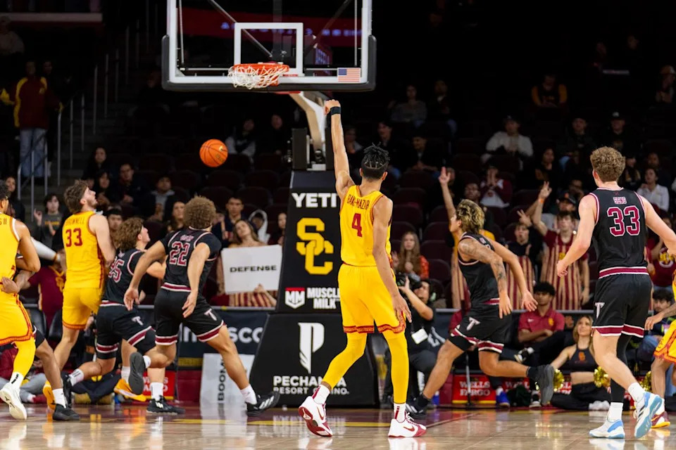 USC Trojans forward Chad Baker-Mazara (4) makes a three during an NCAA basketball game against the Troy Trojans, Thursday November 20th, 2025 in Los Angeles, California. 