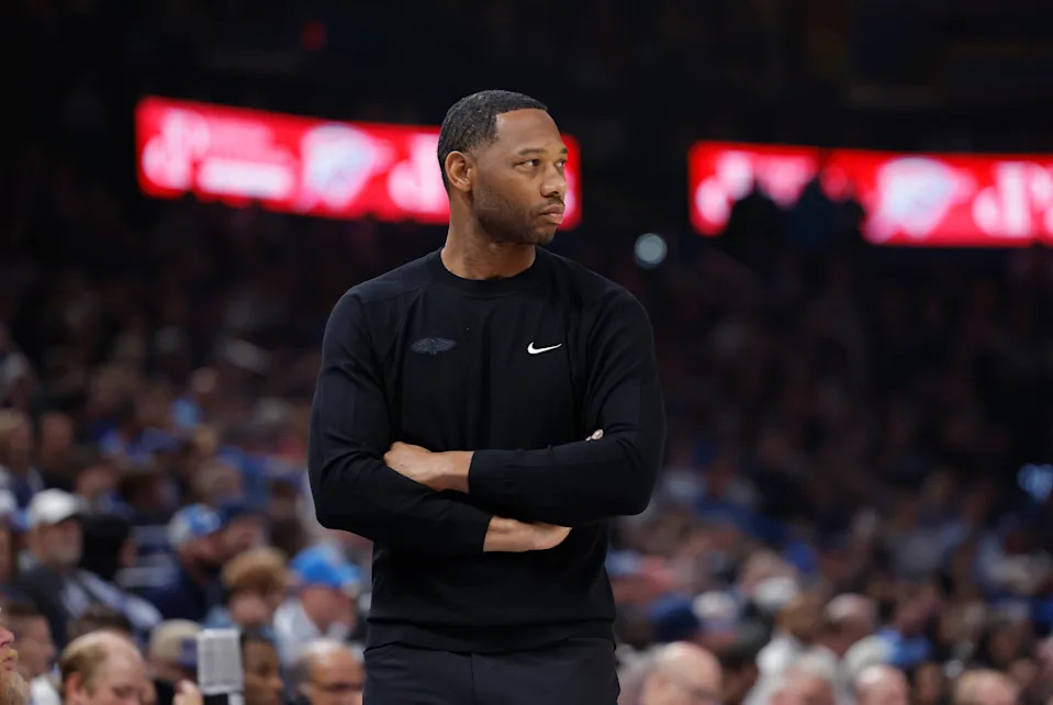 Nov 2, 2025; Oklahoma City, Oklahoma, USA; New Orleans Pelicans head coach Willie Green watches his team play against the Oklahoma City Thunder during the second quarter at Paycom Center. Mandatory Credit: Alonzo Adams-Imagn Images