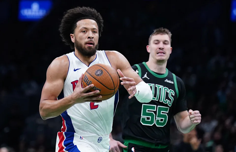 Nov 26, 2025; Boston, Massachusetts, USA; Detroit Pistons guard Cade Cunningham (2) drives the ball against Boston Celtics guard Baylor Scheierman (55) in the first quarter at TD Garden. Mandatory Credit: David Butler II-Imagn Images