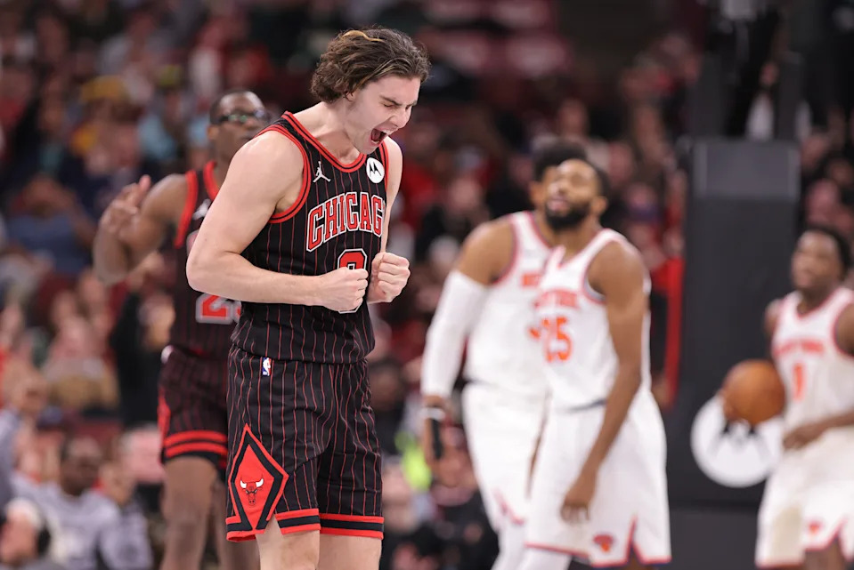 CHICAGO, IL - OCTOBER 31: Josh Giddey #3 of the Chicago Bulls celebrates during the first half of the Emirates NBA Cup against the New York Knicks on October 31, 2025 at the United Center in Chicago, Illinois. (Photo by Melissa Tamez/Icon Sportswire via Getty Images)