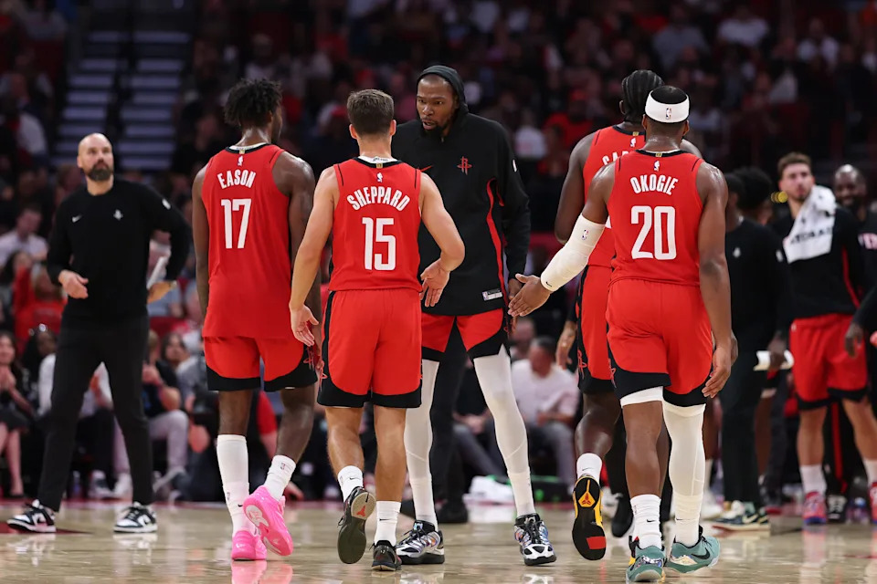 HOUSTON, TEXAS - OCTOBER 27: Kevin Durant #7 of the Houston Rockets interact acts with Reed Sheppard #15 and Josh Okogie #20 of the Houston Rockets during a timeout in the second half of the game against the Brooklyn Nets at Toyota Center on October 27, 2025 in Houston, Texas. (Photo by Kenneth Richmond/Getty Images)