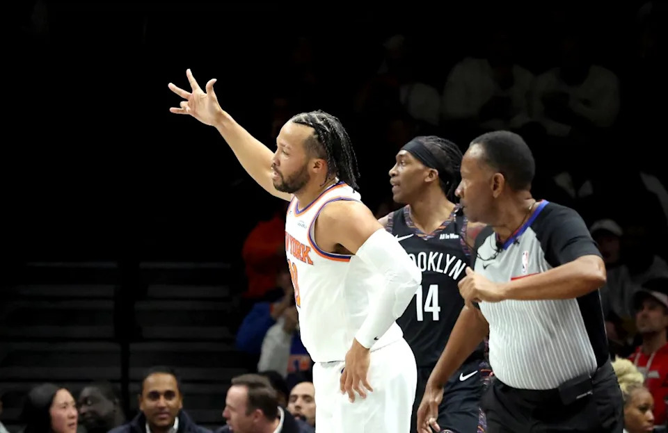 Jalen Brunson #11 of the New York Knicks reacts after hitting a 3-point shot during the first quarter. Charles Wenzelberg for The New York Post