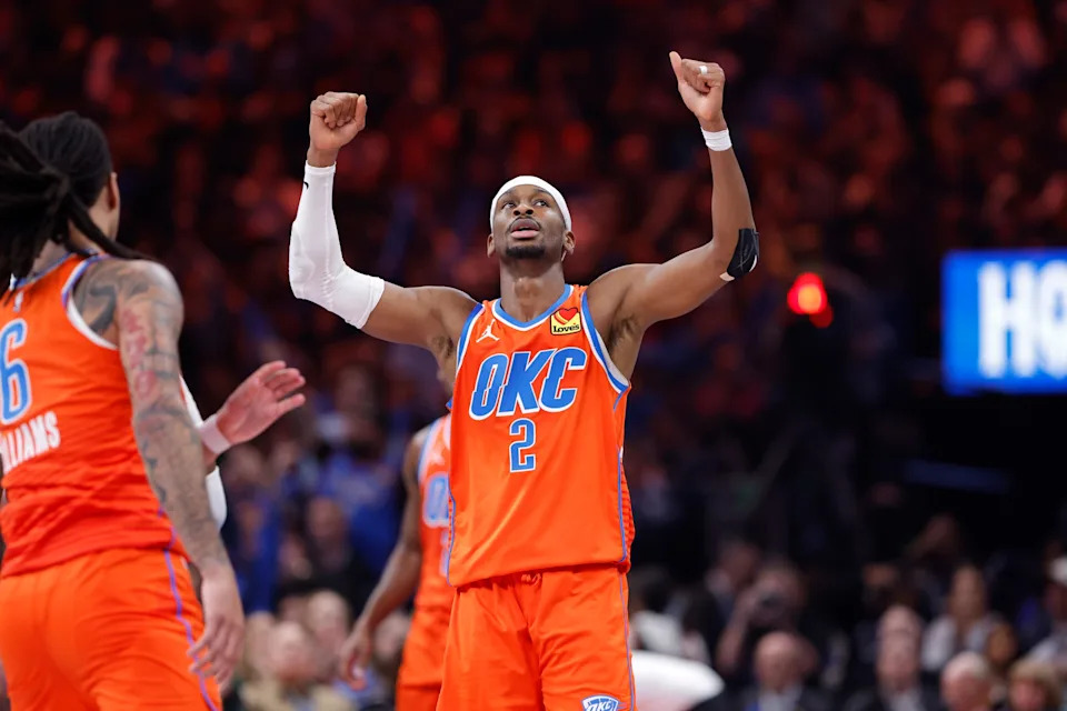 Nov 26, 2025; Oklahoma City, Oklahoma, USA; Oklahoma City Thunder guard Shai Gilgeous-Alexander (2) celebrates after scoring against the Minnesota Timberwolves during the second half at Paycom Center. Mandatory Credit: Alonzo Adams-Imagn Images