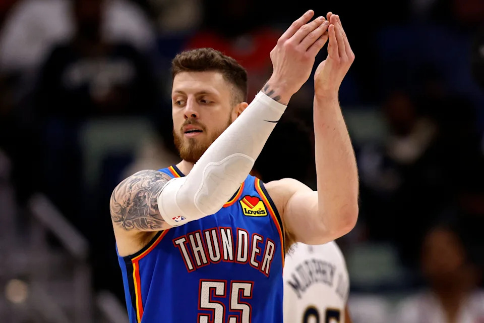 NEW ORLEANS, LOUISIANA - NOVEMBER 17: Isaiah Hartenstein #55 of the Oklahoma City Thunder reacts after scoring during the fourth quarter of the NBA game against the New Orleans Pelicans at Smoothie King Center on November 17, 2025 in New Orleans, Louisiana. NOTE TO USER: User expressly acknowledges and agrees that, by downloading and or using this photograph, User is consenting to the terms and conditions of the Getty Images License Agreement. (Photo by Sean Gardner/Getty Images)