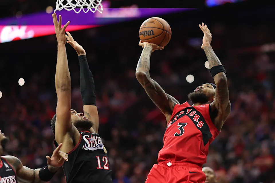 Toronto Raptors forward Brandon Ingram (3) shoots in front of Philadelphia 76ers forward Trendon Watford (12) during the third quarter.