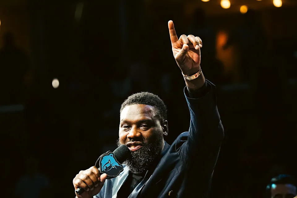 Memphis Grizzlies former player Tony Allen waves to the crowd after seeing his tribute video during his jersey retirement ceremony on Saturday, March 15, 2025 at the FedEx Forum in Memphis, Tenn.