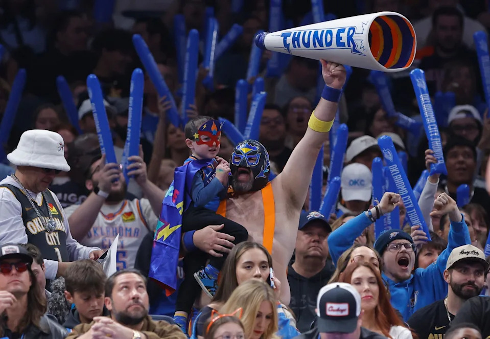 Nov 2, 2025; Oklahoma City, Oklahoma, USA; Oklahoma City Thunder fans cheer for their team against the New Orleans Pelicans during the second quarter at Paycom Center. Mandatory Credit: Alonzo Adams-Imagn Images