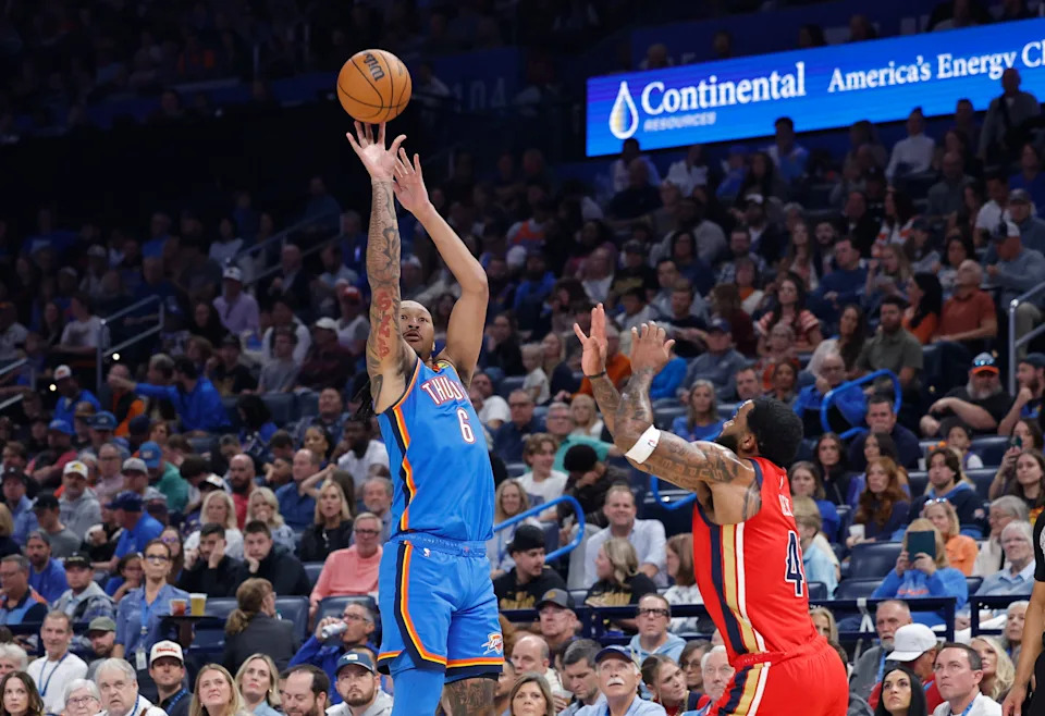 Nov 2, 2025; Oklahoma City, Oklahoma, USA; Oklahoma City Thunder forward Jaylin Williams (6) shoots a three point basket against the New Orleans Pelicans during the second quarter at Paycom Center. Mandatory Credit: Alonzo Adams-Imagn Images