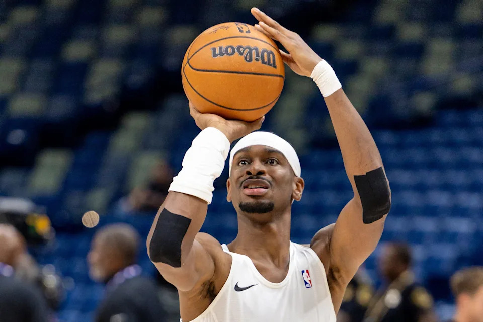 Nov 17, 2025; New Orleans, Louisiana, USA; Oklahoma City Thunder guard Shai Gilgeous-Alexander (2) during warmups before the game against the New Orleans Pelicans at Smoothie King Center. Mandatory Credit: Stephen Lew-Imagn Images