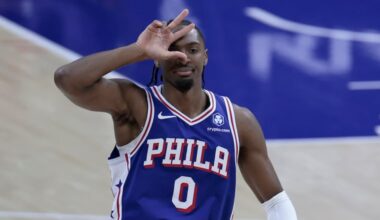 Sixers Tyrese Maxey after hitting a three in the first half of the Toronto Raptors at Philadelphia 76ers NBA game at Xfinity Mobile Arena in Philadelphia on Wednesday, Nov. 19, 2025.