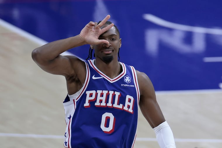 Sixers Tyrese Maxey after hitting a three in the first half of the Toronto Raptors at Philadelphia 76ers NBA game at Xfinity Mobile Arena in Philadelphia on Wednesday, Nov. 19, 2025.