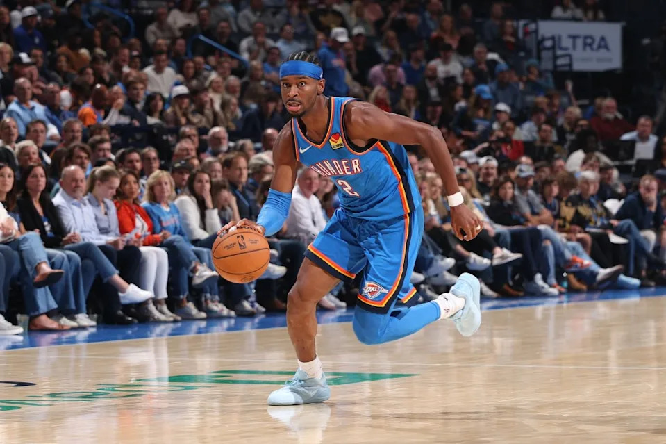 Shai Gilgeous-Alexander of the Oklahoma City Thunder dribbles the ball during the game against the Washington Wizards on October 30, 2025 at Paycom Center in Oklahoma City, Oklahoma. NBAE via Getty Images
