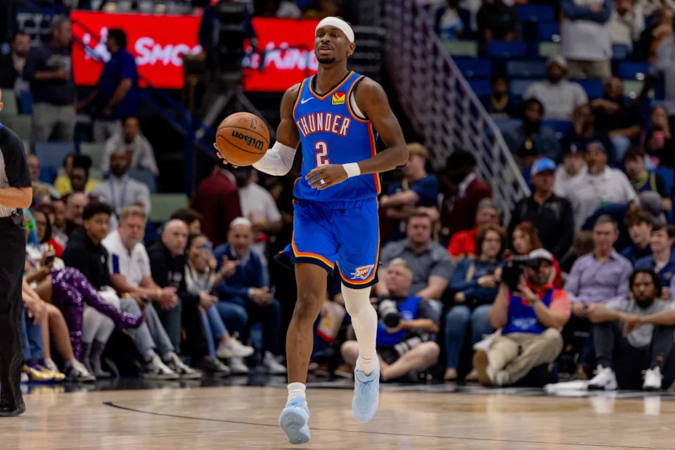 Nov 17, 2025; New Orleans, Louisiana, USA; Oklahoma City Thunder guard Shai Gilgeous-Alexander (2) brings the ball up court against the New Orleans Pelicans during the first half at Smoothie King Center. Mandatory Credit: Stephen Lew-Imagn Images