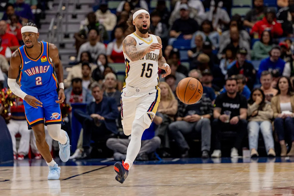 Nov 17, 2025; New Orleans, Louisiana, USA; New Orleans Pelicans guard Jose Alvarado (15) passes the ball against Oklahoma City Thunder guard Shai Gilgeous-Alexander (2) during the second half at Smoothie King Center. Mandatory Credit: Stephen Lew-Imagn Images