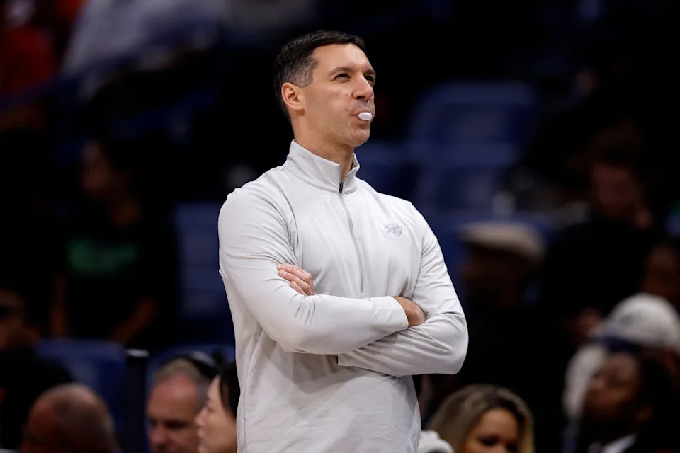 NEW ORLEANS, LOUISIANA - NOVEMBER 17: Head coach Mark Daigneault of the Oklahoma City Thunder looks on during the third quarter of the NBA game at Smoothie King Center on November 17, 2025 in New Orleans, Louisiana. NOTE TO USER: User expressly acknowledges and agrees that, by downloading and or using this photograph, User is consenting to the terms and conditions of the Getty Images License Agreement. (Photo by Sean Gardner/Getty Images)