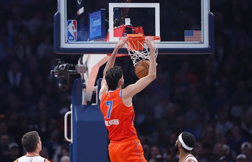 Nov 28, 2025; Oklahoma City, Oklahoma, USA; Oklahoma City Thunder center Chet Holmgren (7) dunks against the Phoenix Suns during the first quarter at Paycom Center. Mandatory Credit: Alonzo Adams-Imagn Images