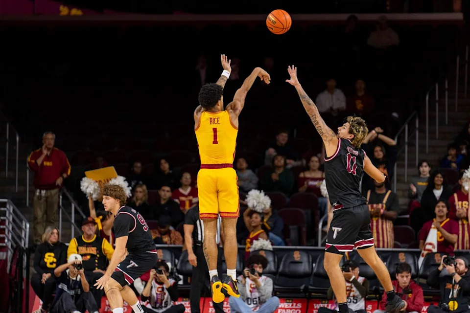 USC Trojans guard Rodney Rice (1) takes a three during an NCAA basketball game against the Troy Trojans, Thursday November 20th, 2025 in Los Angeles, California. 