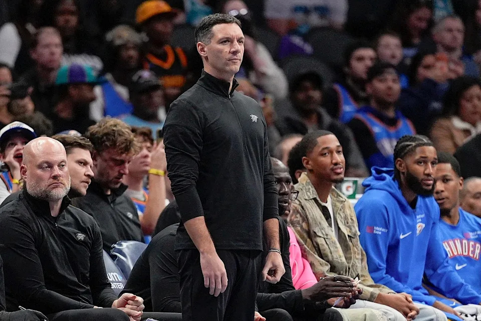 Nov 15, 2025; Charlotte, North Carolina, USA; Oklahoma City Thunder head coach Mark Daigneault during the first half against the Charlotte Hornets at Spectrum Center. Mandatory Credit: Jim Dedmon-Imagn Images