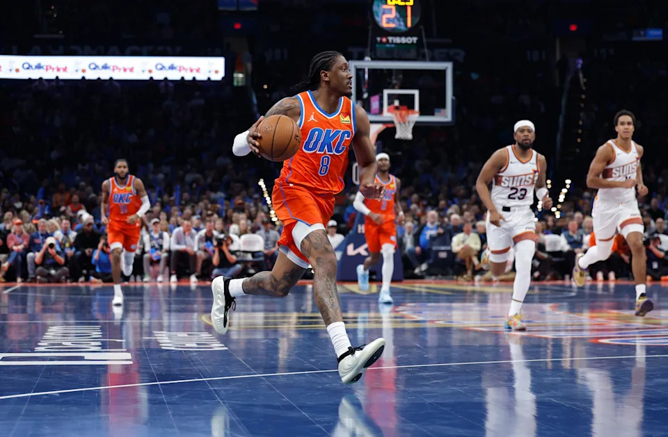 Nov 28, 2025; Oklahoma City, Oklahoma, USA; Oklahoma City Thunder guard Jalen Williams (8) moves the ball down the court against the Phoenix Suns during the second half at Paycom Center. Mandatory Credit: Alonzo Adams-Imagn Images