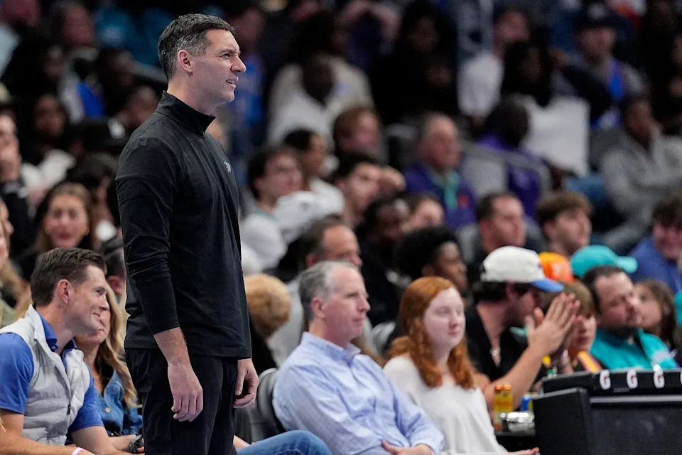 Nov 15, 2025; Charlotte, North Carolina, USA; Oklahoma City Thunder head coach Mark Daigneault reacts to a call during the second half against the Charlotte Hornets at Spectrum Center. Mandatory Credit: Jim Dedmon-Imagn Images