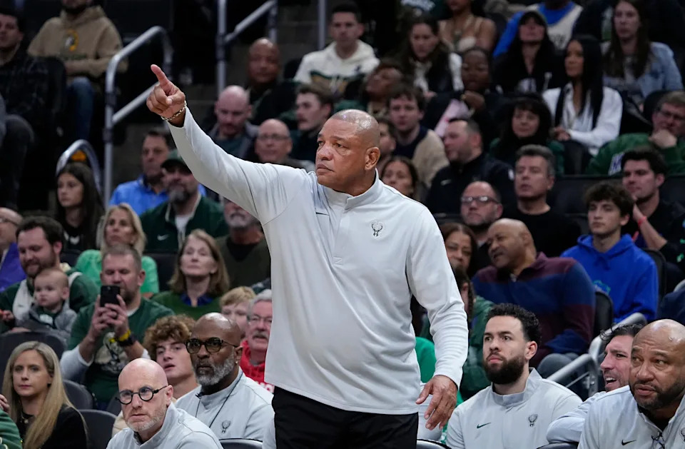Oct 22, 2025; Milwaukee, Wisconsin, USA; Milwaukee Bucks coach Doc Rivers instructs his players from the sidelines during their game against the Washington Wizards at Fiserv Forum. Mandatory Credit: Michael McLoone-Imagn Images
