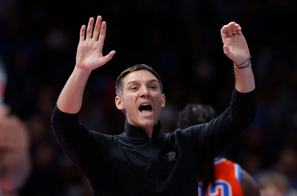 Nov 26, 2025; Oklahoma City, Oklahoma, USA; Oklahoma City Thunder head coach Mark Daigneault yells to his team during a play against the Minnesota Timberwolves during the second half at Paycom Center. Mandatory Credit: Alonzo Adams-Imagn Images