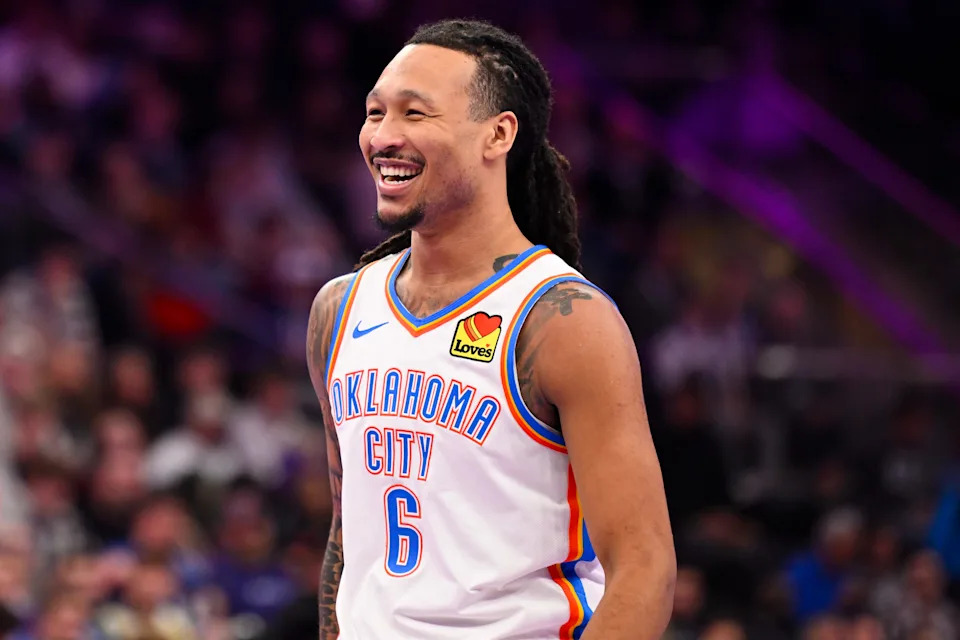 SALT LAKE CITY, UTAH - NOVEMBER 21: Jaylin Williams #6 of the Oklahoma City Thunder reacts to a play during the second half of a 2025-26 Emirates Cup game against the Utah Jazz at Delta Center on November 21, 2025 in Salt Lake City, Utah. NOTE TO USER: User expressly acknowledges and agrees that, by downloading and or using this photograph, User is consenting to the terms and conditions of the Getty Images License Agreement. (Photo by Alex Goodlett/Getty Images)