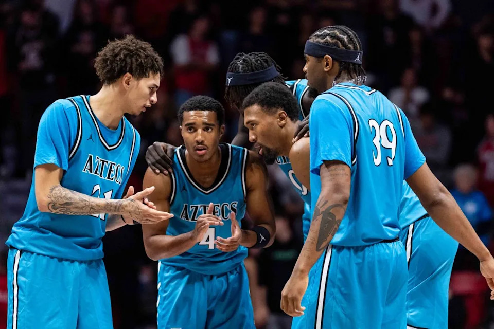 San Diego State players huddle before free throws during an NCAA Basketball game against Troy, Tuesday November 18, 2025 at Viejas Arena in San Diego, Calif.