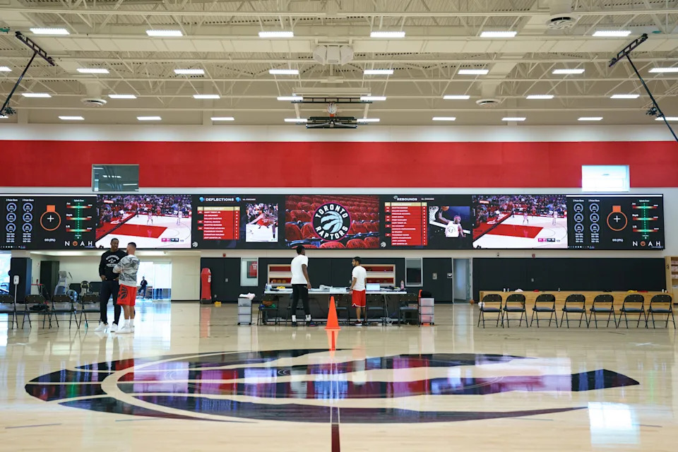 The Toronto Raptors' new state-of-the-art 37-by-three-metre multimedia analytic screen is photographed at the OVO Athletic Centre in Toronto, on Tuesday, Oct. 11, 2022. THE CANADIAN PRESS/Alex Lupul