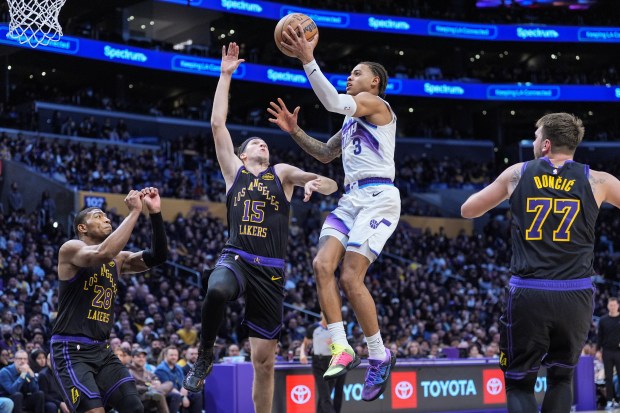 Utah Jazz guard Keyonte George (3) goes up for a...