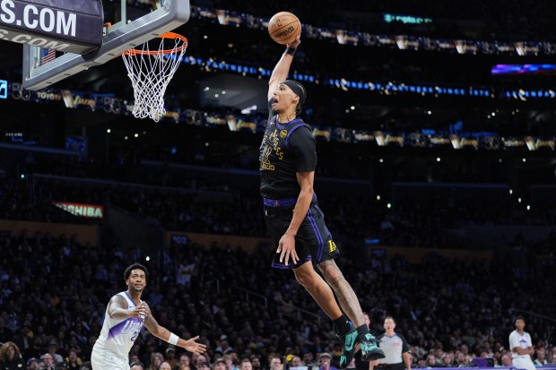 Lakers center Jaxson Hayes goes up for a dunk during...