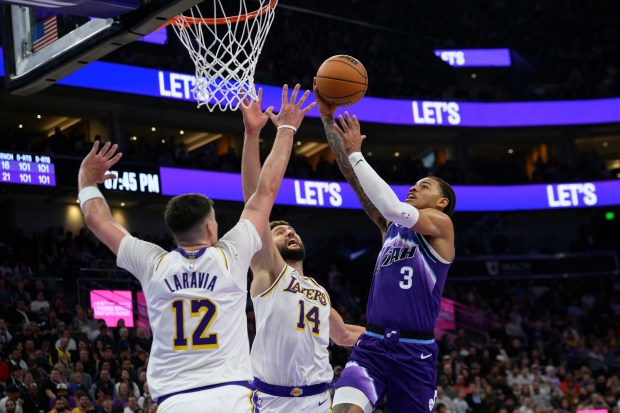 Utah Jazz guard Keyonte George (3) shoots the ball over...