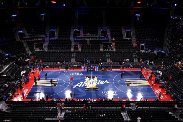 A general view of the Clippers’ NBA Cup court prior...
