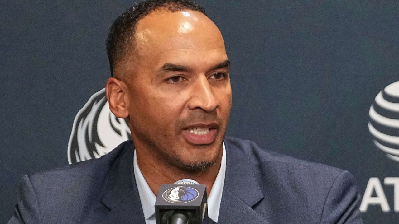 Dallas Mavericks general manager Nico Harrison speaks during a press conference at the NBA basketball team's basketball practice facility, Friday, June 27, 2025, in Dallas. (AP Photo/Tony Gutierrez)