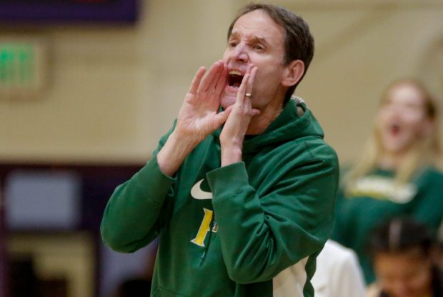 OAKLAND - Pinewood coach Doc Scheppler gives out instructions. Pinewood and Oakland Tech played in the high school girls basketball game in the NorCal Division I playoffs at Oakland Tech high school in Oakland, Calif. on Thursday, Mar. 2, 2023 (Joseph Dycus/Bay Area News Group)