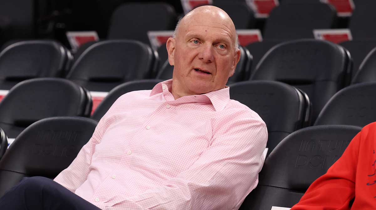 Los Angeles Clippers owner Steve Ballmer sits courtside before the game against the Dallas Mavericks at Intuit Dome.
