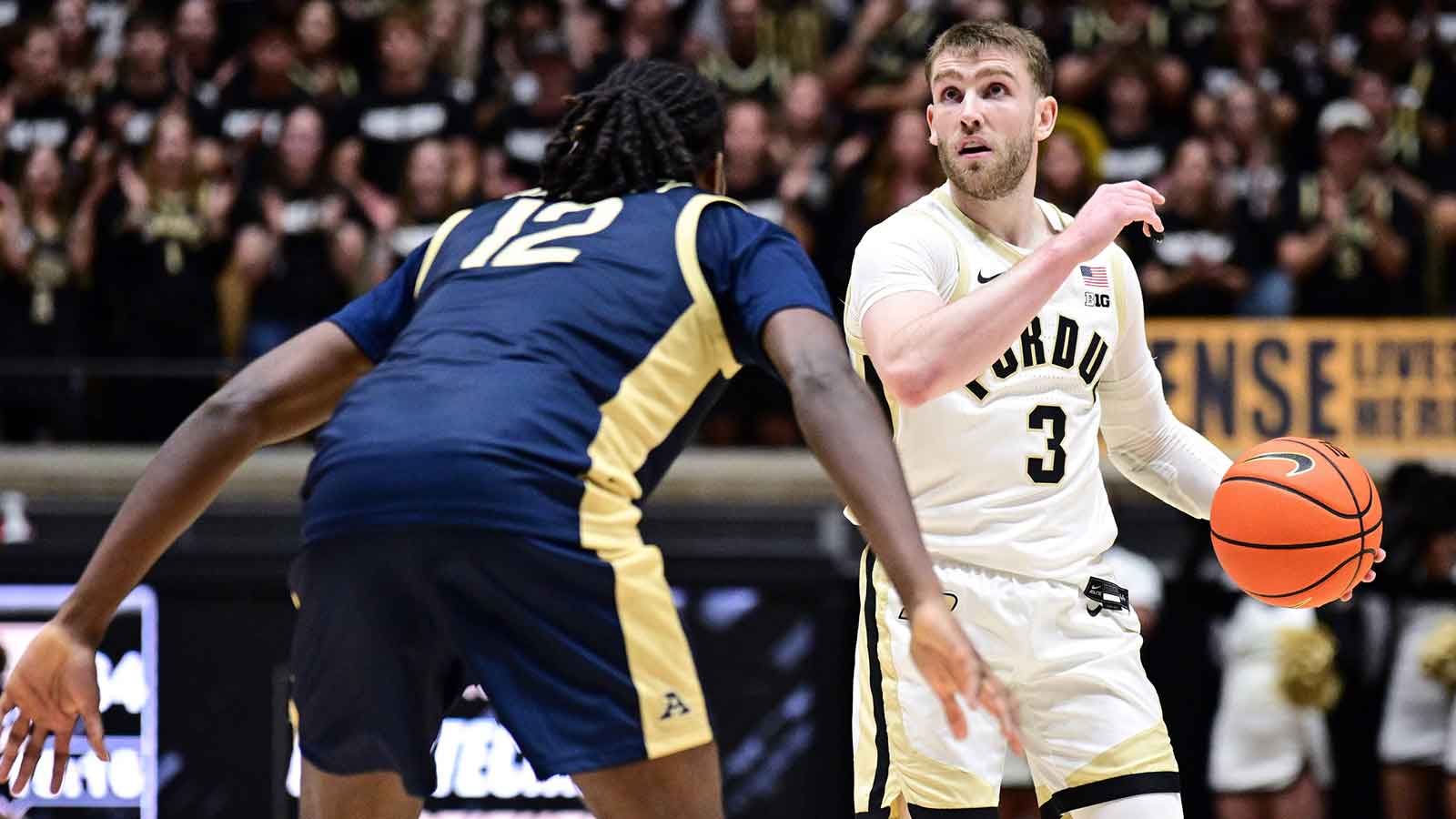 Purdue Boilermakers guard Braden Smith (3) looks to get past Akron Zips guard Evan Mahaffey (12) during the second half at Mackey Arena. 