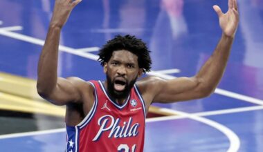 Sixers Joel Embiid tries to get the fans up in the second half of the Boston Celtics at Philadelphia 76ers NBA game at Xfinity Mobile Arena in Philadelphia on Friday, Oct. 31, 2025.