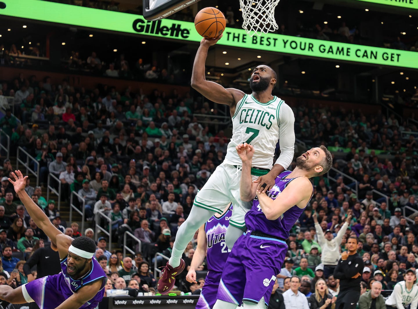 Jaylen Brown made a layup and was fouled by Jazz forward Kevin Love in the third quarter at TD Garden.